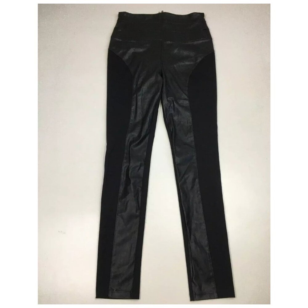 BEBE Black Faux Leather Insert Logo Zip High Waist Slim Fit Pant